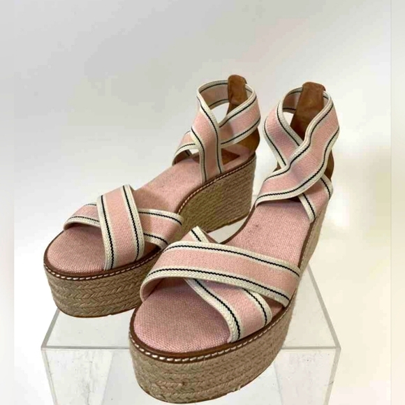 Tory Burch Designer Pink Stripe Wedge Espadrille Sandals Heels 8 - Picture 1 of 10